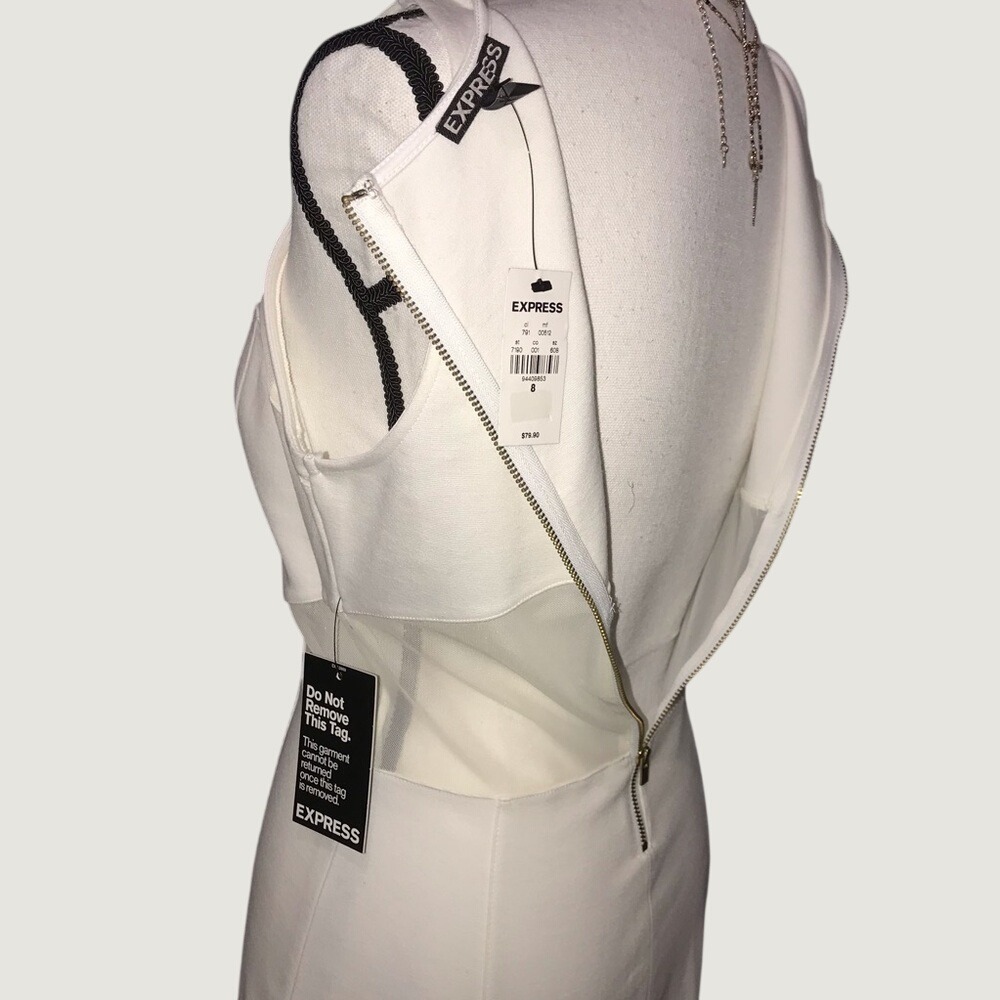 Express Classic White Bodycon Sleepless Sheath Dress with Mesh Accent & Back Zip - Picture 10 of 13